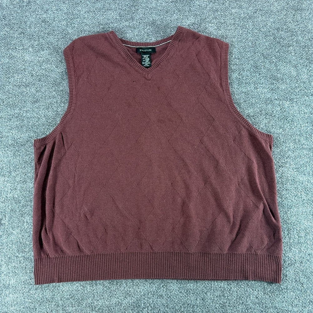 Y2K Structure Mens XXL Burgundy V-Neck Cotton Wool Blend Sweater Vest Vintage